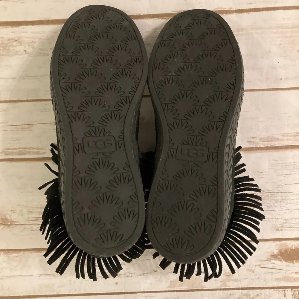 UGG Kennadi Fringe Ankle Moccasin Booties Black Suede Size 6.5
